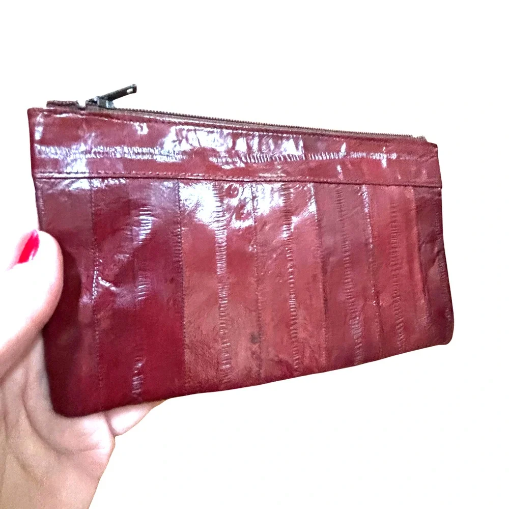 Vintage eel skin leather wallet zipper top pouch deep red slim 1980’s Korea